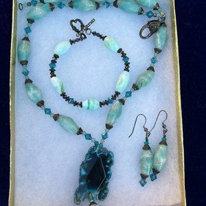 Azurite Druzy, Hemimorphite, and Larimar Necklace, Bracelet, and Earrings Set